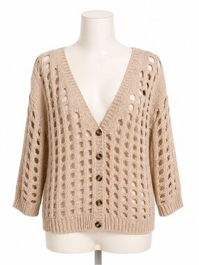 Camilla Tree Knit Cardigan Women’s Beige Boho Coastal Button Front Size M/L‎